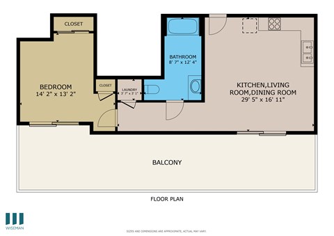 A floor plan of a home with a bedroom, bathroom, laundry, and a combined kitchen, living and dining room.